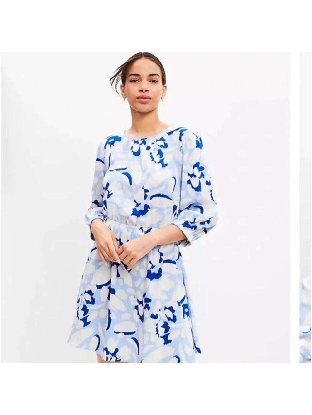Loft NWT Women's Brushed Daisy Balloon Sleeve Flare Dress Blue Size S